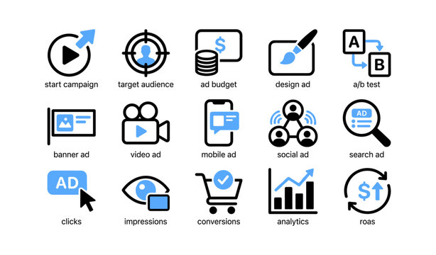 Digital advertising and campaign icons arranged on white background
