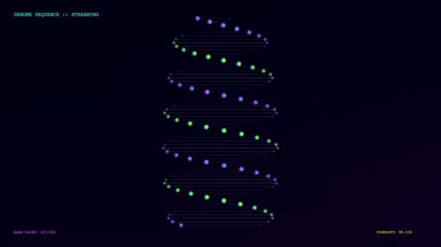 A sequence of glowing dots showing realtime data streaming in a virtual space representing the structural assembly of genetic code within a dark digital environment