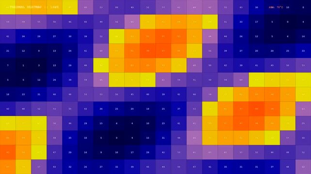 Realtime data streaming presented as a vibrant multi colored grid display showing fluctuating thermal levels across a digital panel for professional analytic monitoring and visualization software