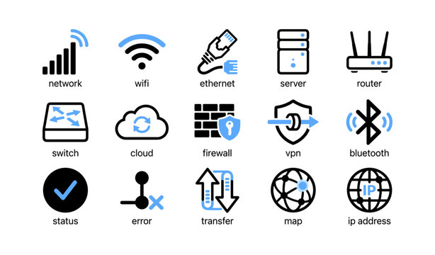 Network icons representing connectivity and devices in grid