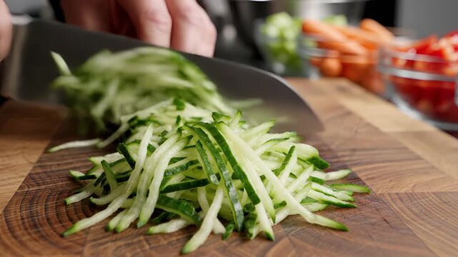Chef finely slicing fresh zucchini on a wooden cutting board for healthy meal preparation.