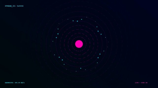 A vibrant realtime data streaming visualization features orbiting particles revolving around a central glowing sphere in a dark digital interface displaying metrics and signal connectivity status