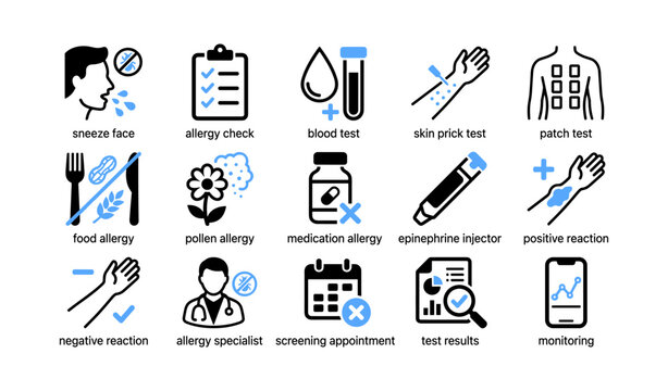 Allergy testing and reaction icons showing tests, causes, monitoring
