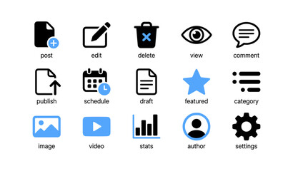 Fototapeta premium Content management icons for post edit and analytics on white