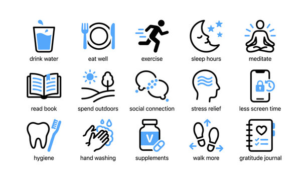 Wellness icons showing self care actions on white background
