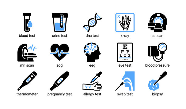 Medical test and diagnostic icons on white background