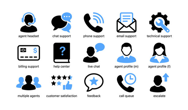Customer support and contact icons on white background