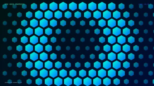 The realtime data streaming visual display features glowing hexagon patterns that shift and ripple across a dark digital surface creating an evolving network of bright cyan light