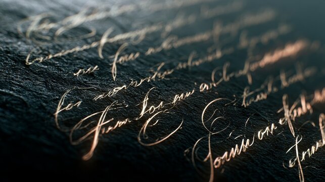 Ancient Manuscript Script: A close-up of an old, weathered manuscript featuring elegant, golden calligraphy on a dark, textured background, evoking a sense of history and mystery.
