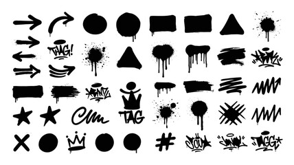 Set of black grunge graffiti spray paint tags arrows splatters and rough shapes on white background on transparent background © Kateryna