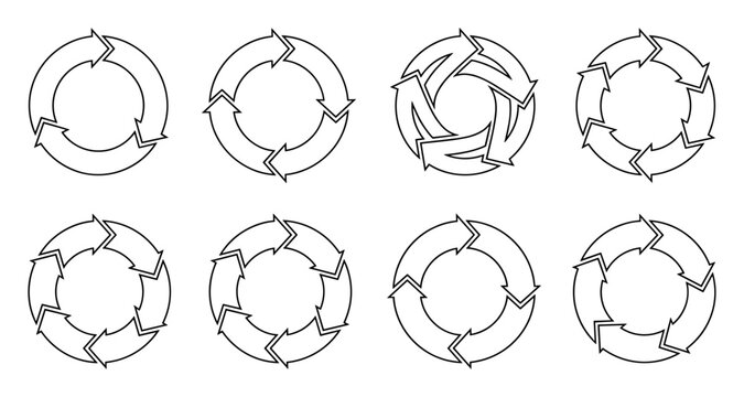 Set of eight circular flow charts with arrows representing continuous cyclic processes and work flows in a simple black and white line style on transparent background
