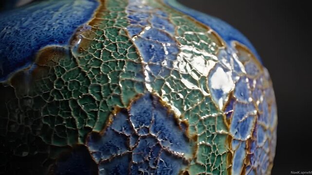 Closeup of a Cracked Blue and Green Glazed Ceramic Surface.