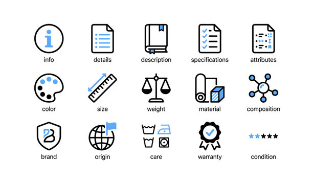 Product information icons showing specifications and attributes