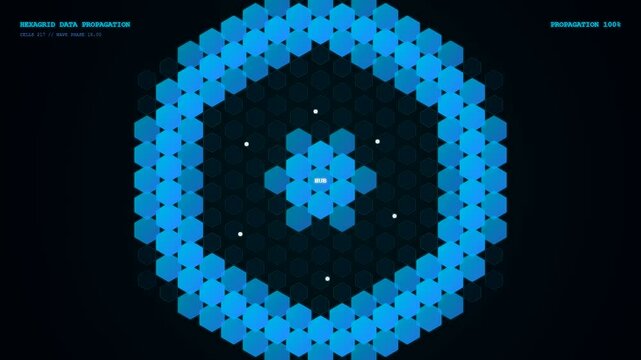 The process of realtime data streaming illustrates expanding digital geometry patterns radiating from a center point across a dark virtual matrix environment in three distinct sequence phases