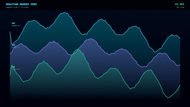 Displaying multiple charts of realtime data streaming for financial analysis showing digital market fluctuations with glowing lines on a dark interface grid screen monitor