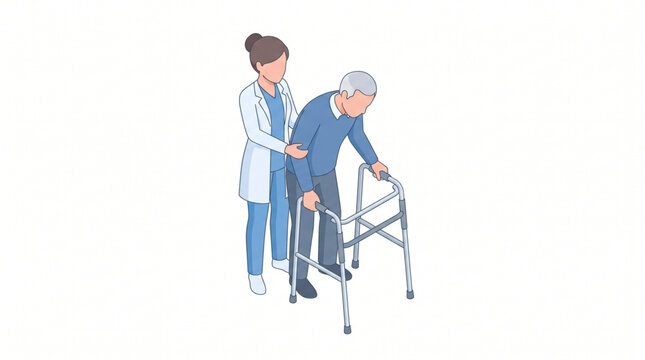 Isometric illustration of therapist assisting an elderly patient using a walking frame