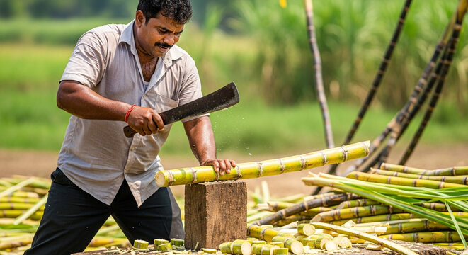 Man chopping wood with a machete in a rural setting surrounded by greenery.