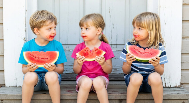Three young children sitting on a porch step, eating watermelon slices together.