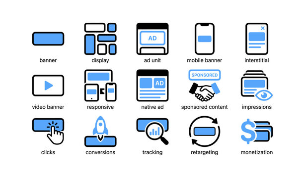 Advertising icons showing ad types and metrics on white background