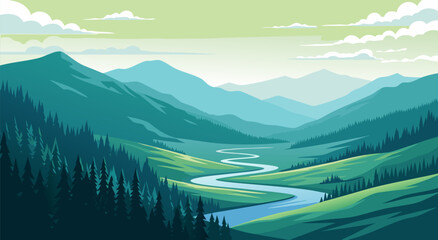 Serene Mountain Valley Landscape Vector Illustration with Winding River and Green Forests © Purnomo
