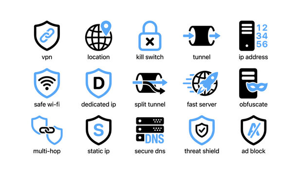 Vpn and network security icons displayed in grid layout