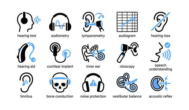 Audiology icons showing hearing tests on white background