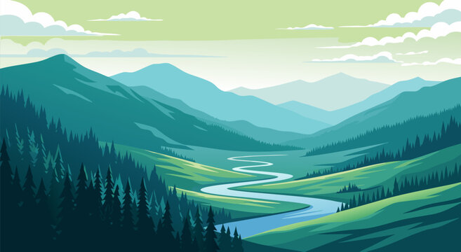 Serene Mountain Valley Landscape Vector Illustration with Winding River and Green Forests