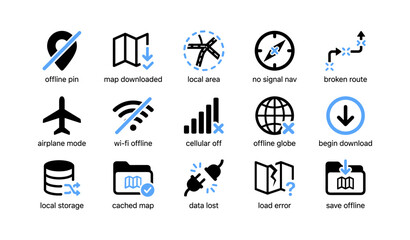 Fototapeta premium Map and offline navigation icons showing connectivity states