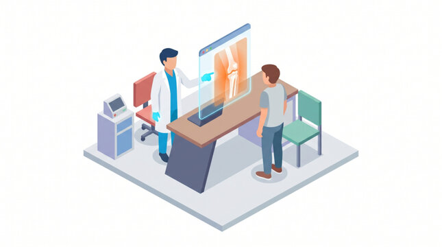 Isometric illustration of doctor explaining an abstract bone x-ray scan to a patient