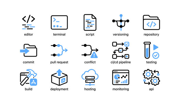 Software development and deployment icons on white background