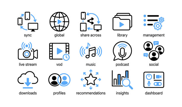 Media and sharing icons displayed in white grid layout