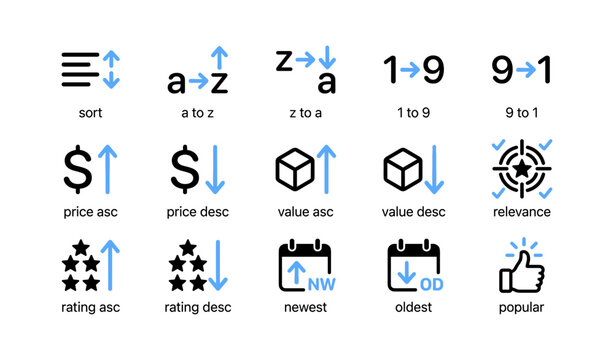 Sorting and filter icons arranged in grid on white background