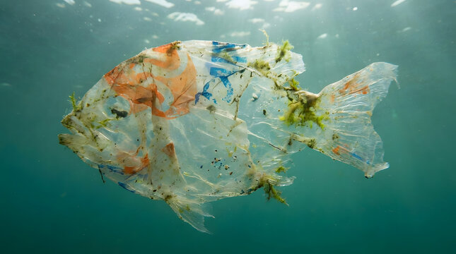 Polluted underwater scene with plastic bag resembling fish in clear turquoise ocean water. Generated with AI