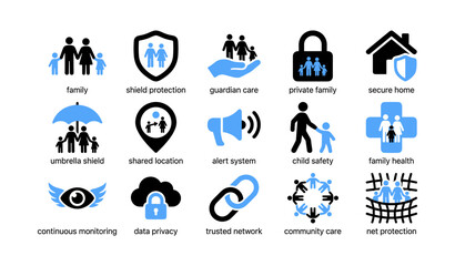 Fototapeta premium Family safety and protection icons in grid on white background