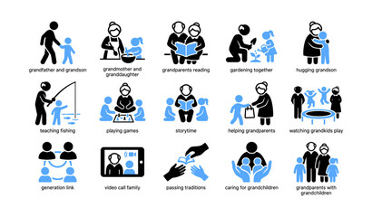 Fototapeta premium Grandparents with grandchildren shown in activity icons on white
