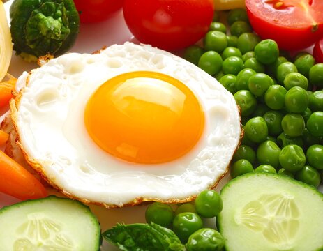 Close-up of a sunny-side-up fried egg encircled by vibrant fresh vegetables, showcasing a balanced and colorful meal