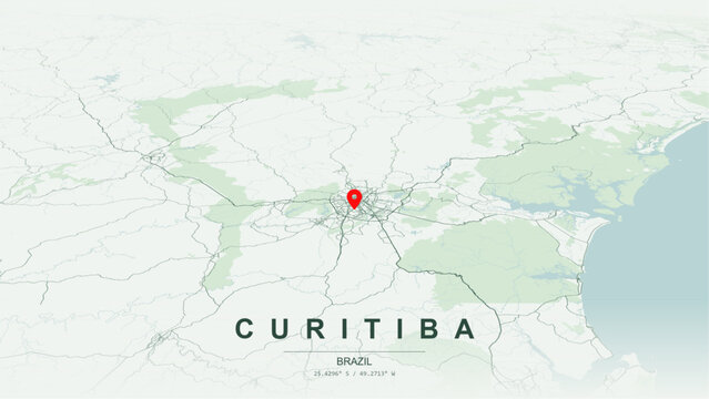 Minimalist vector map of Curitiba, Parana, Brazil. High-quality scalable illustration of Curitiba city grid, Jaime Lerner BRT transit axes layout, historic Centro district for posters and design.