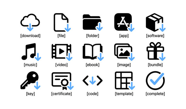 Download icons showing file types and arrows on white background