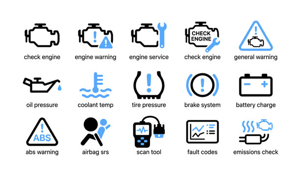 Car dashboard warning icons for engine and system indicators on white