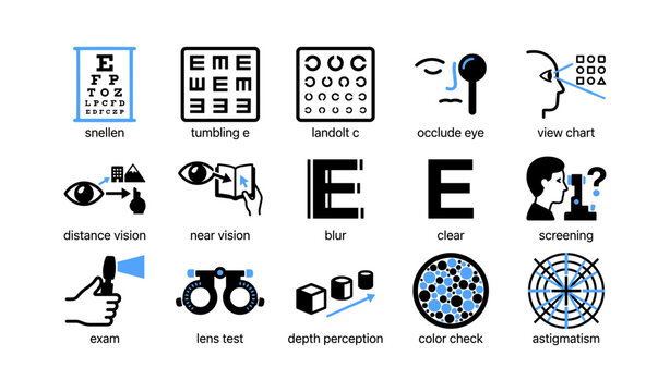Eye test icons showing vision charts and screening on white