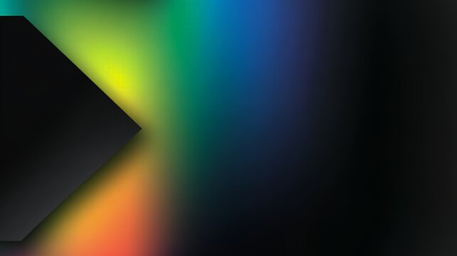 Abstract dark geometric arrow shape with vibrant blurred neon rainbow gradient background for modern futuristic web design.