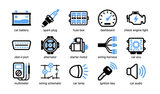 Automotive icons showing engine and electrical parts on white