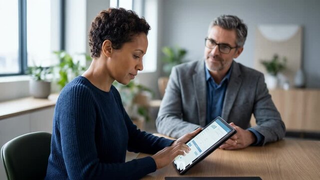 Medium shot highlighting client using online portal on tablet to complete investment subscription blurred advisor in supportive posture.
