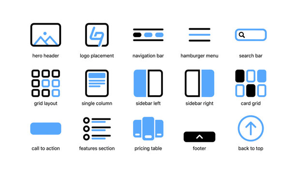Website layout icons illustrating navigation and layout elements