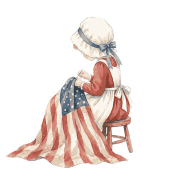 american, flag, sewing, girl, colonial, dress, apron, stool, wooden, ribbon, hair, blue, red, stars, stripes, patriotic, watercolor, art, design, graphic, clipart, vintage, style, traditional, costume