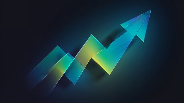 Translucent glowing glass upward zigzag arrow on dark background representing business progress financial success and modern tech.