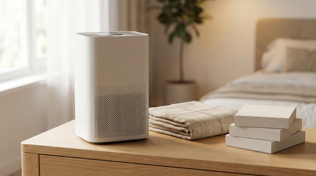 Air purifier product closeup with replacement filter boxes in bedroom