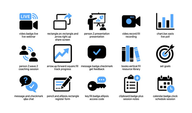 Webinar and session icons showing online meeting and tools