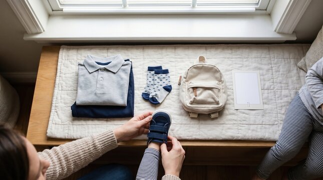 Small child school morning dressing routine with shoes outfit backpack