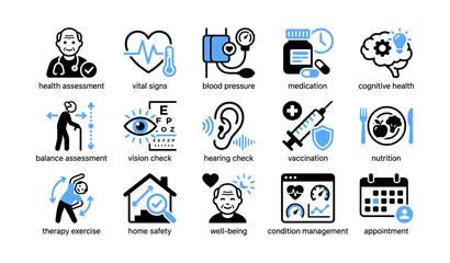 Obraz premium Health icons representing assessments and services in grid